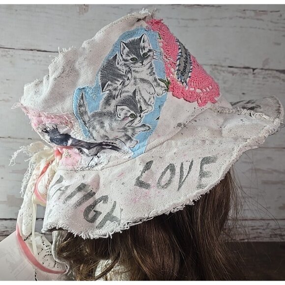 OOAK Upcycled Indie Boho Top Hat Sassy Cherub Graffiti Flower Cat Adjusts L-S main image 10